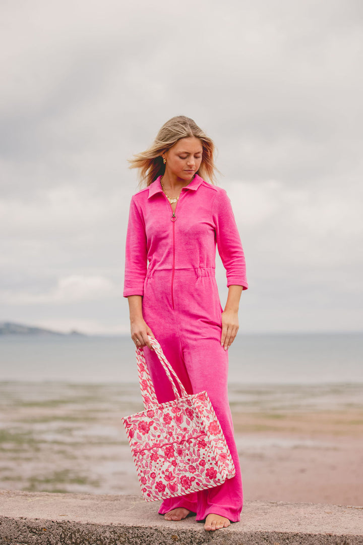 'Honor' Wide Leg Jumpsuit | Fuchsia Stretch Towelling
