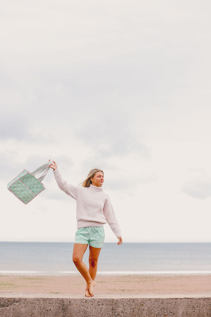 Quilted Gingham Tote Bag | Green Gingham, Red & White Stripe Trim