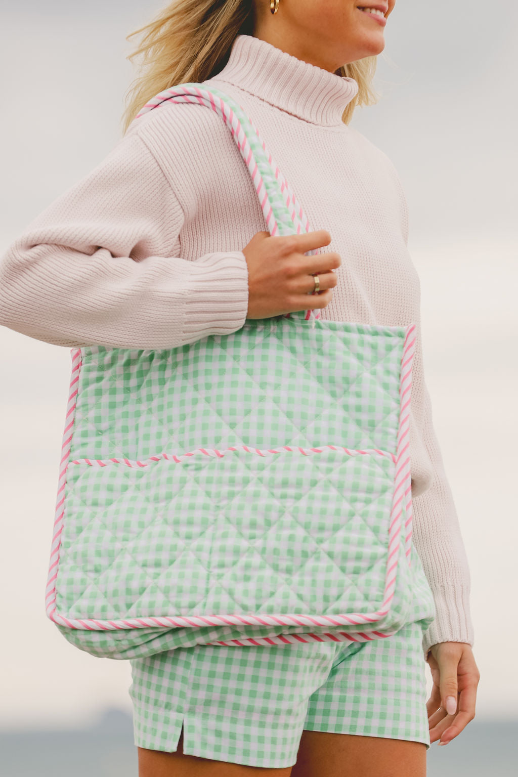 Quilted Gingham Tote Bag | Green Gingham, Red & White Stripe Trim