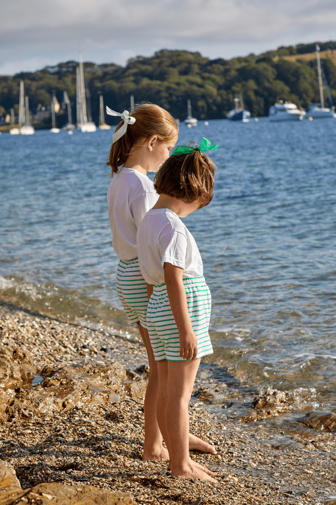 Childrens Striped Towelling Shorts | White & Apple