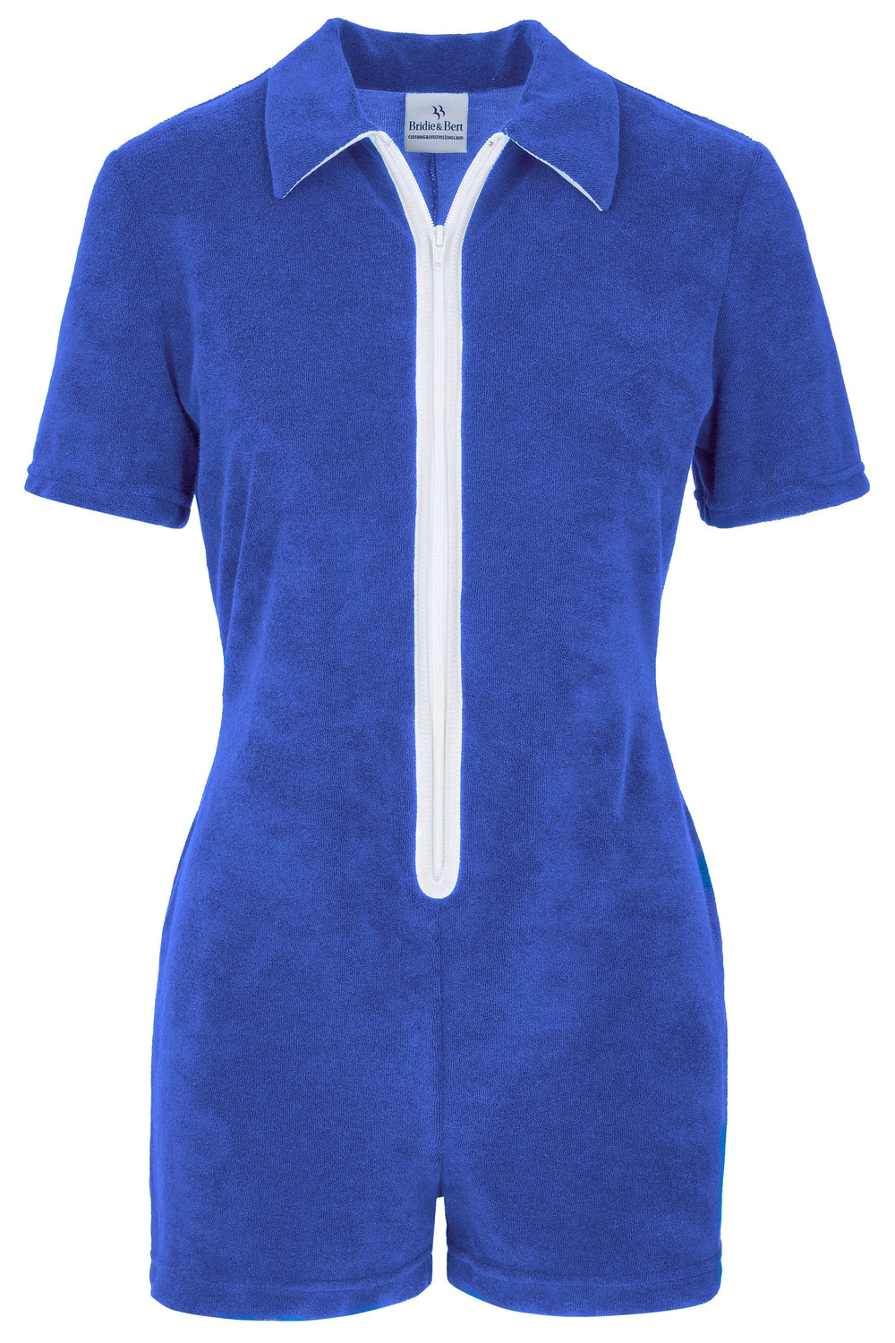 A royal blue short-sleeve romper with a white zipper and white piping details, shown against a plain white background.