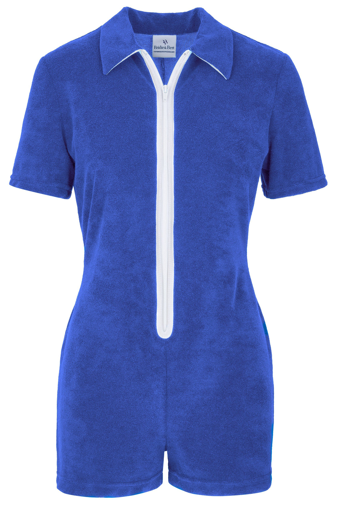 A royal blue short-sleeve romper with a white zipper and white piping details, shown against a plain white background.