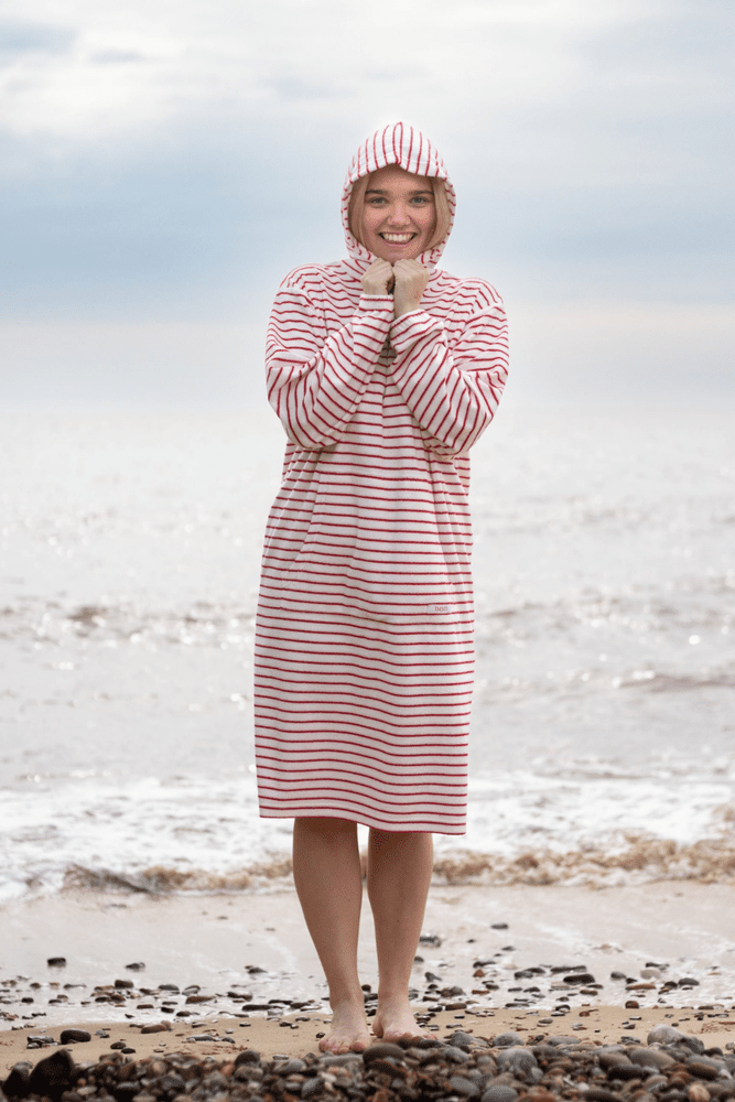 Jamie Striped Towelling Hooded Robe Strawberries Cream Bridie Bert