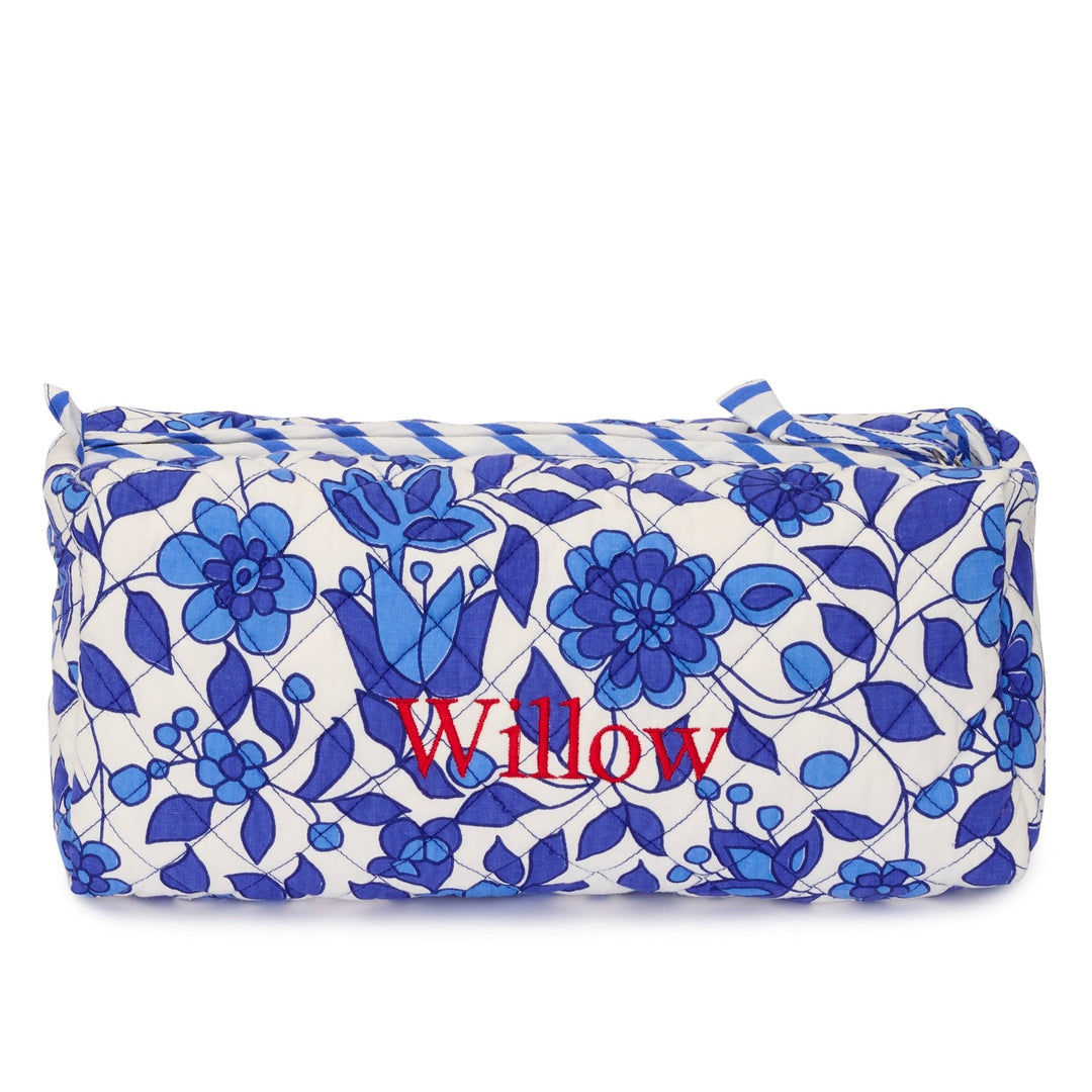 Embroidered Quilted Floral Wash Bag With Internal Pockets |Marine Blue