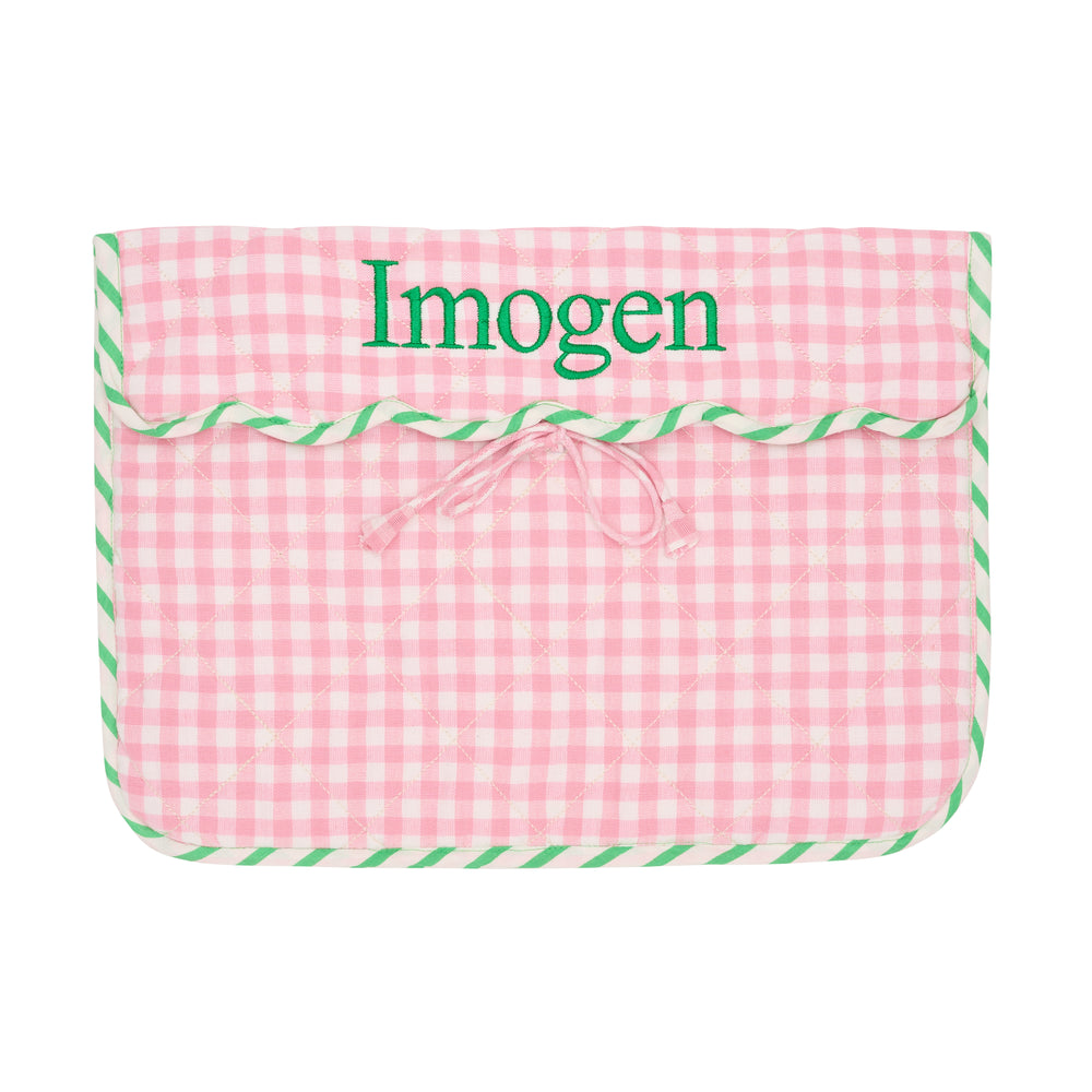 Personalised Quilted Gingham Laptop Sleeve | Rose | embroidered with name 'Imogen' in green