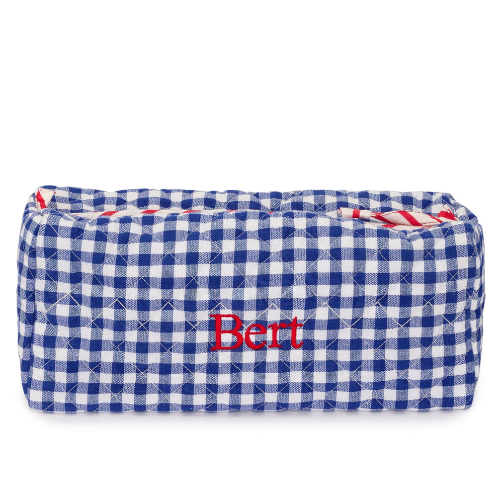 Embroidered Quilted Gingham Wash Bag With Internal Pockets | Blue