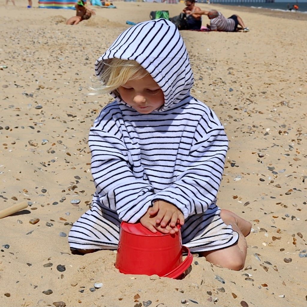 Childrens Striped Towelling Hooded Beach Robe | White & Navy