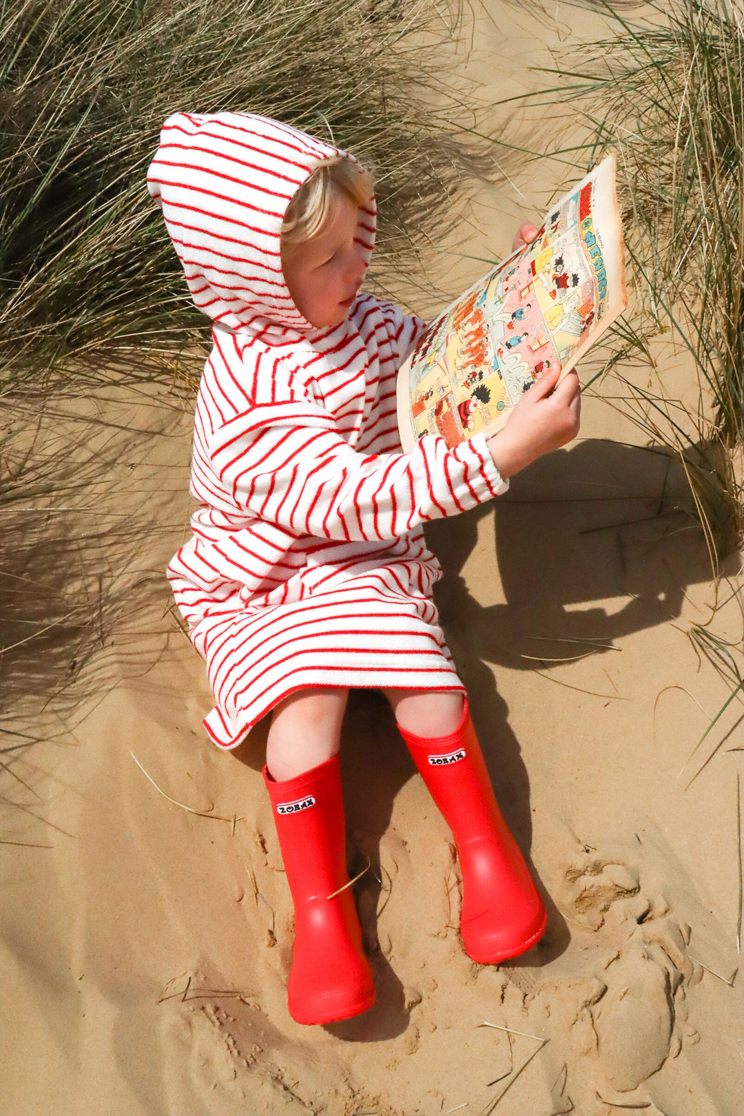 Childrens Striped Towelling Hooded Beach Robe | Strawberries & Cream