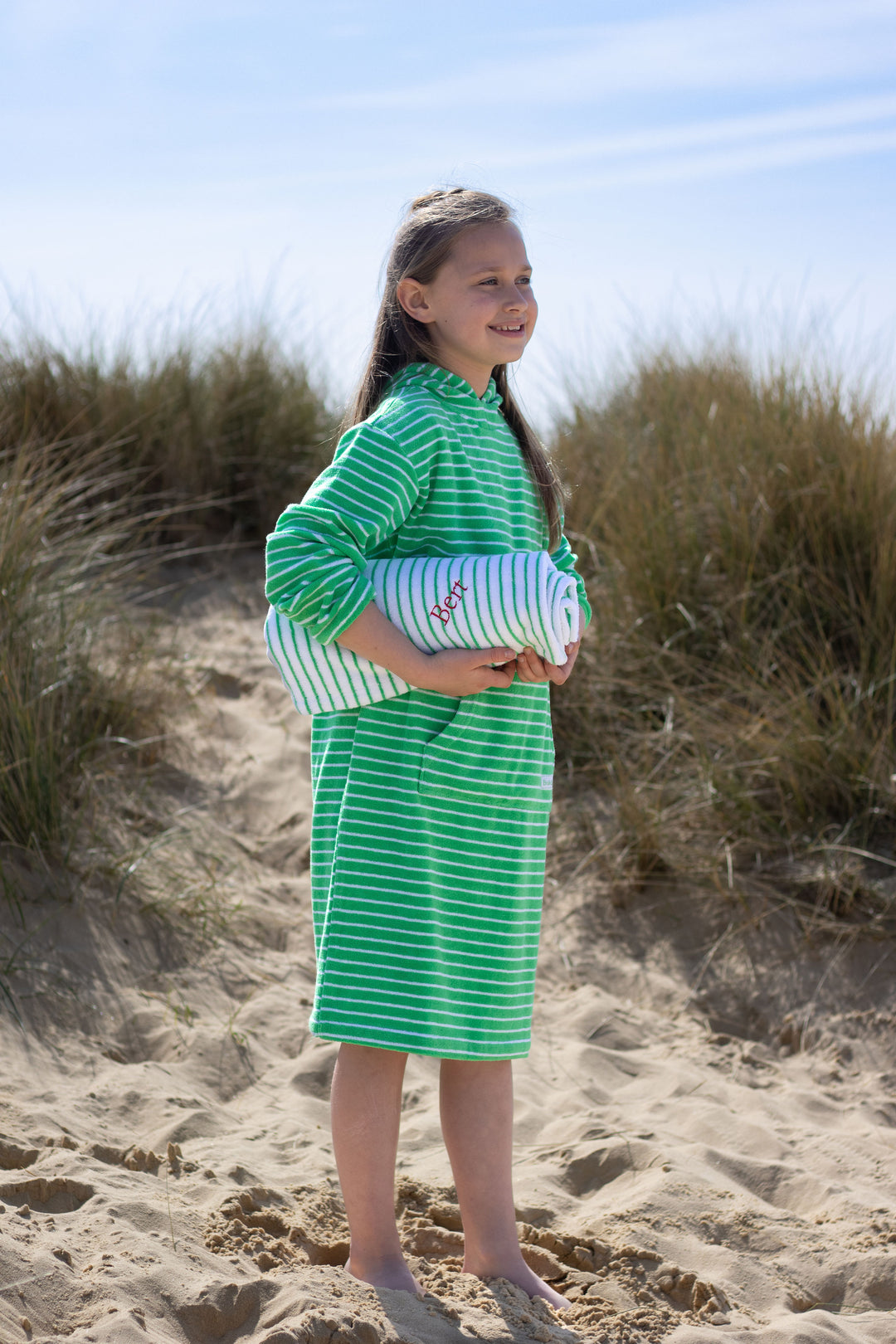 Childrens Striped Towelling Hooded Beach Robe | Apple & White