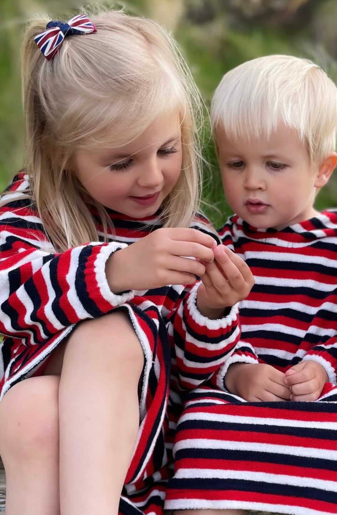 Childrens Striped Towelling Hooded Beach Robe | Red, White & Blue