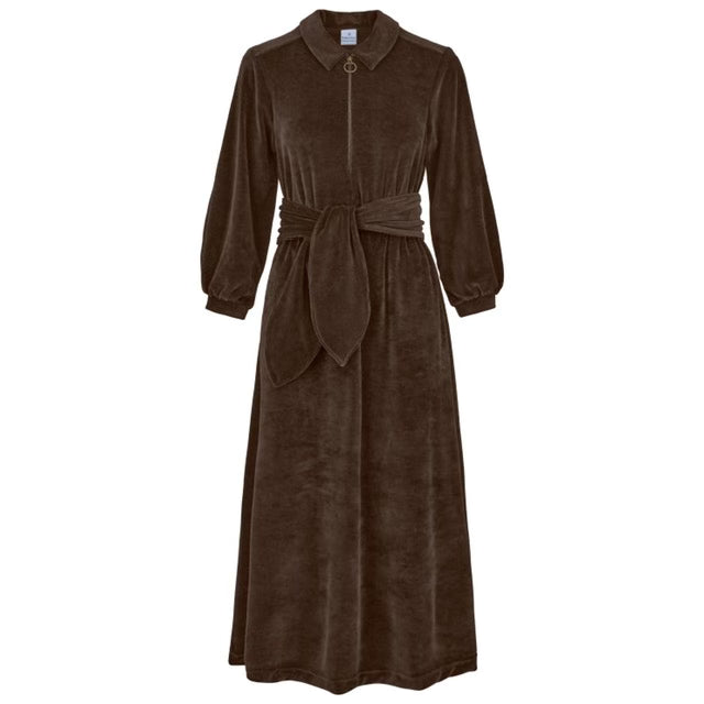 "Imogen" Stretch Velvet Midi Dress (Brown)