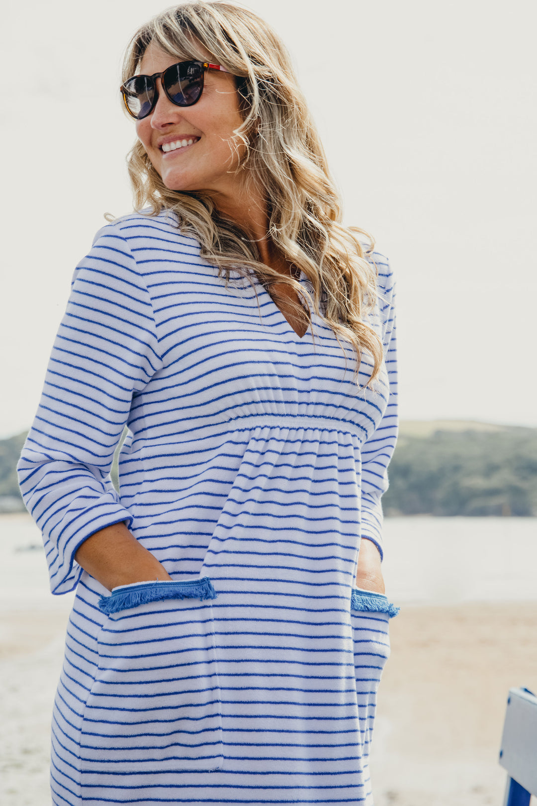 Victoria Striped Towelling Beach Dress / Cover Up | White & Marine, Marine Trim