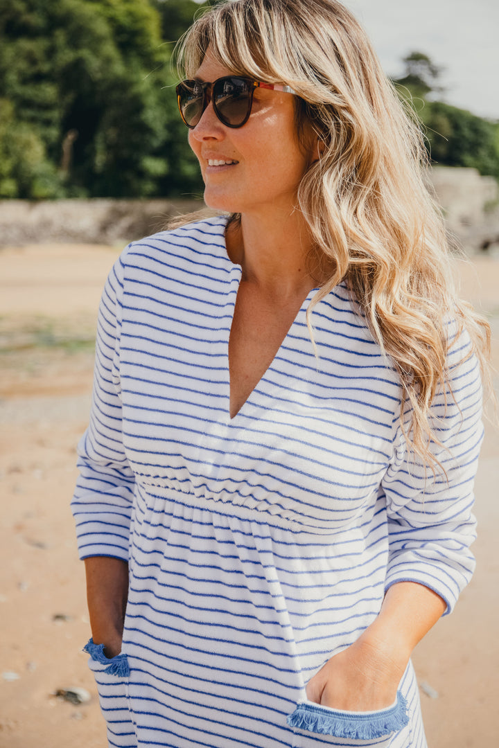 Victoria Striped Towelling Beach Dress / Cover Up | White & Marine, Marine Trim