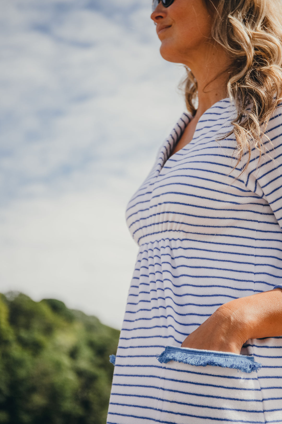 Victoria Striped Towelling Beach Dress / Cover Up | White & Marine, Marine Trim