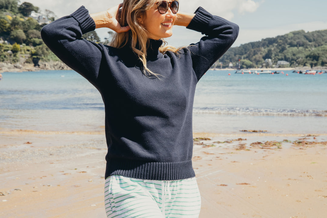 Roll Neck Womens Navy Cotton Jumper Womens Cotton Roll Neck Jumper