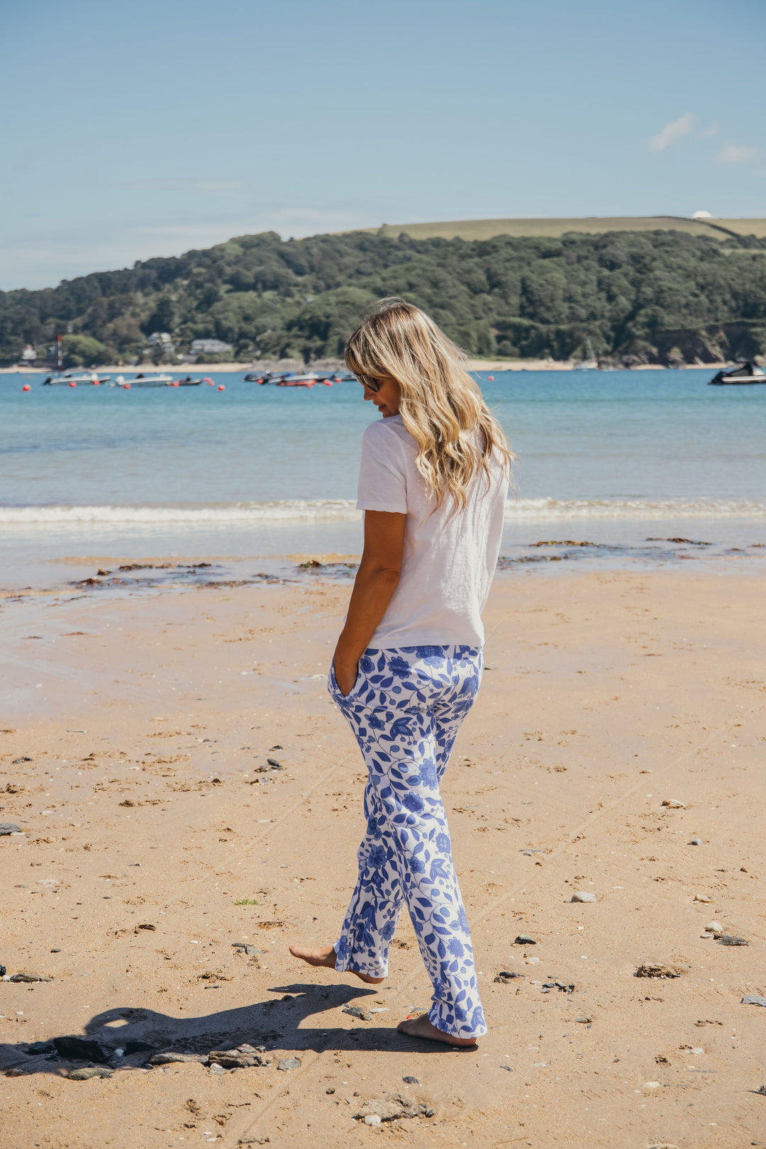 Womens Floral Towelling Wide Leg Jogging Bottoms | Marine