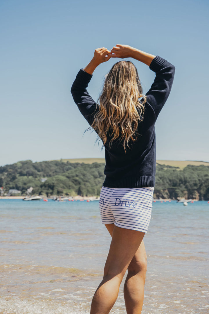 Womens Striped Towelling Hipster Shorts | White & Marine