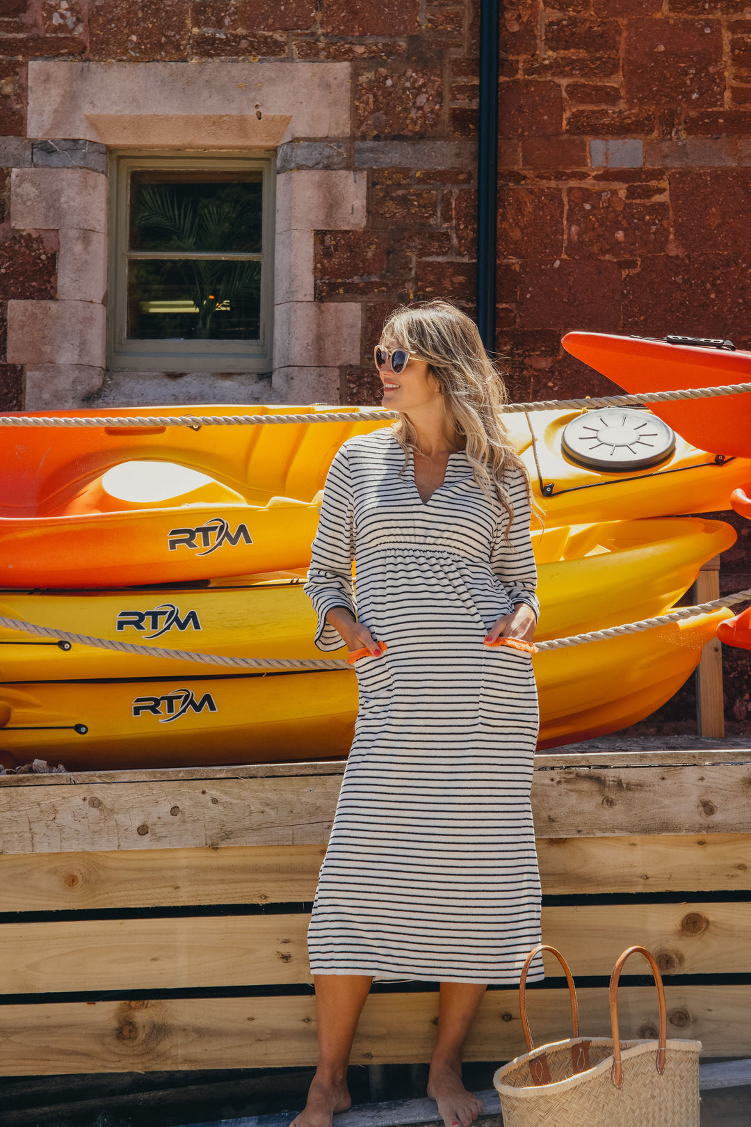 Victoria Striped Towelling Beach Dress / Cover Up | Ecru & Black, Orange Trim