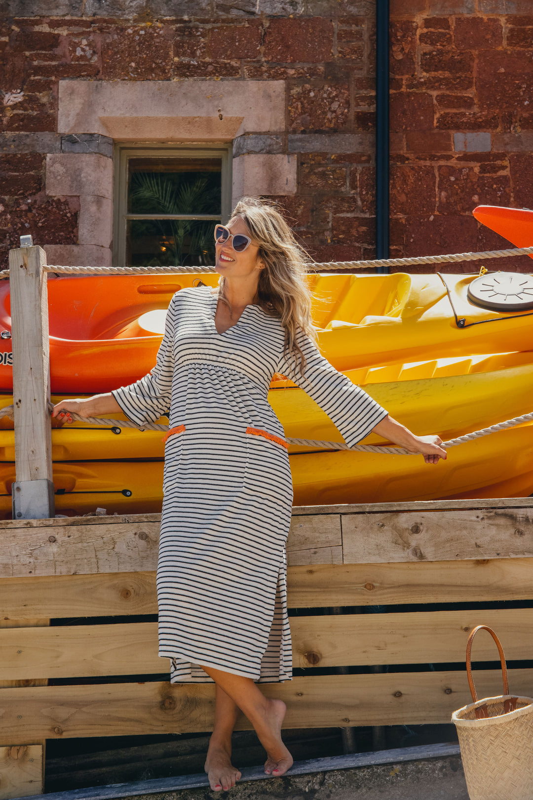 Victoria Striped Towelling Beach Dress / Cover Up | Ecru & Black, Orange Trim