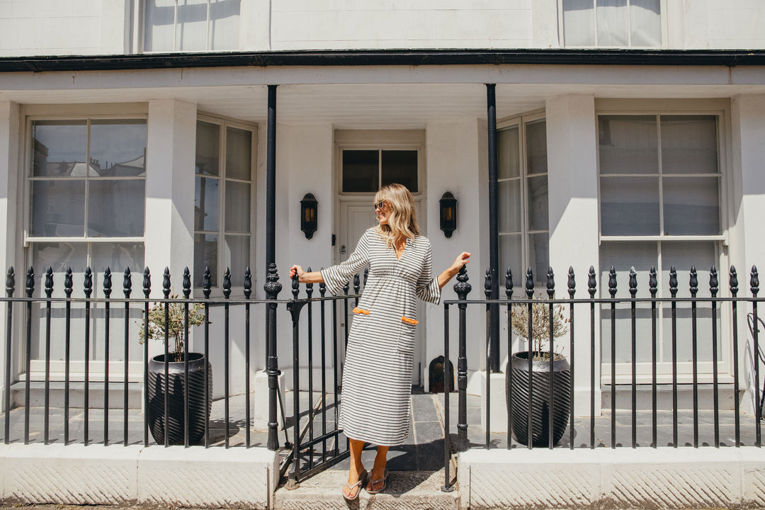 Victoria Striped Towelling Beach Dress / Cover Up | Ecru & Black, Orange Trim