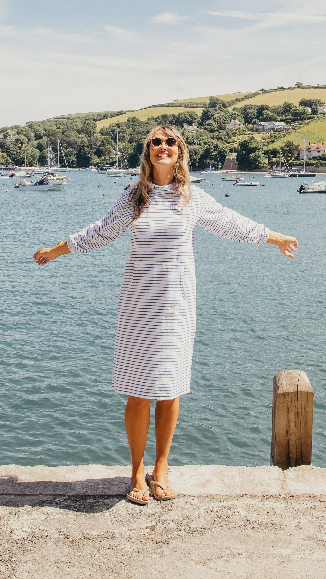 Jamie Striped Towelling Hooded Robe | White & Marine