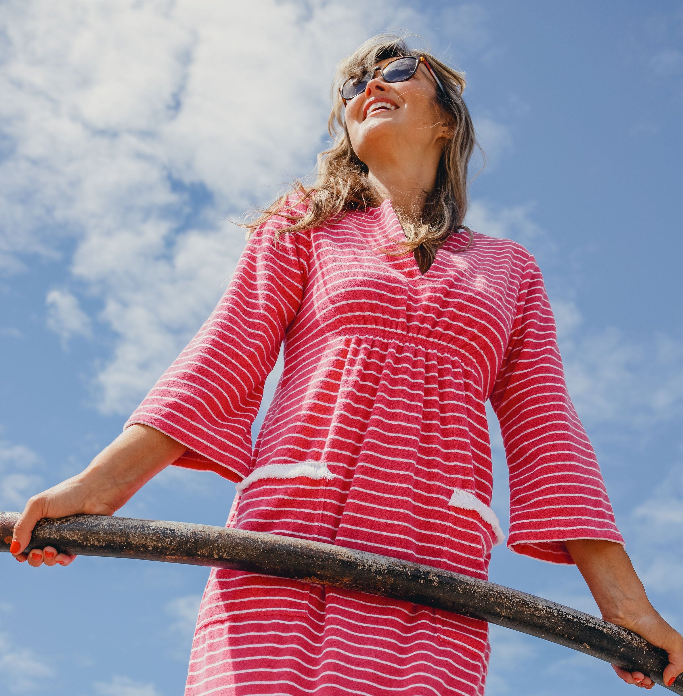 Victoria Striped Towelling Beach Dress Cover Up Fuchsia White F Bridie Bert