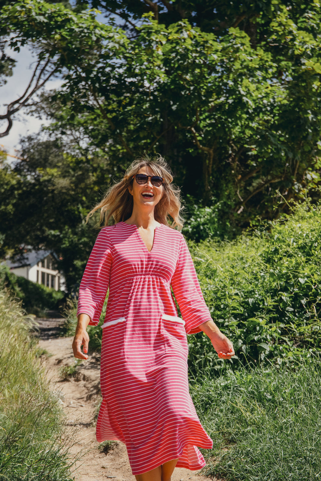 Victoria Striped Towelling Beach Dress / Cover Up | Fuchsia & White, Fuchsia Trim