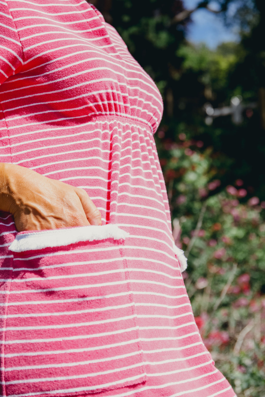 Victoria Striped Towelling Beach Dress / Cover Up | Fuchsia & White, Fuchsia Trim