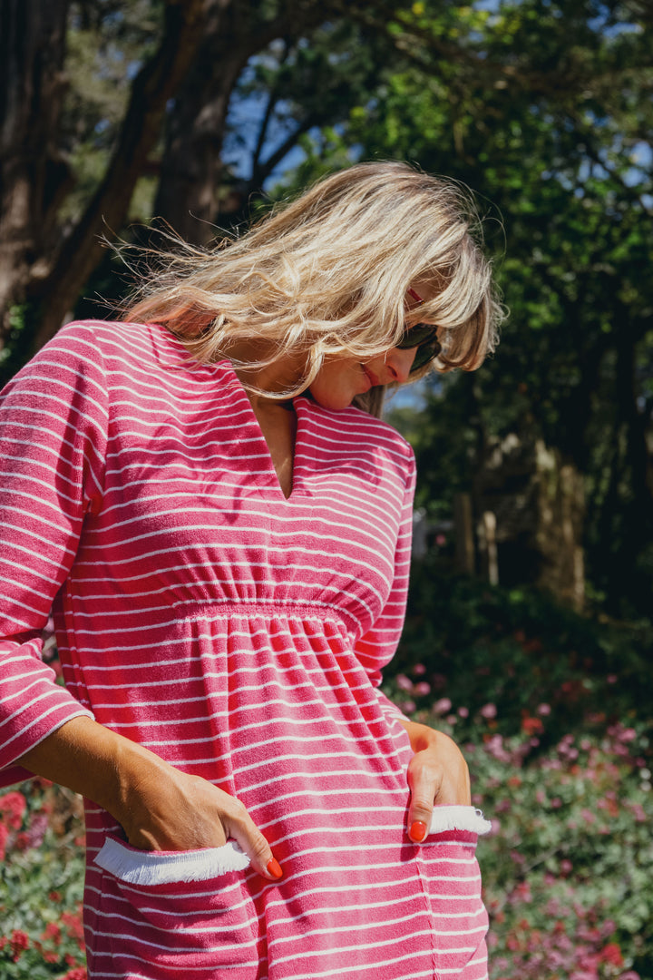 Victoria Striped Towelling Beach Dress / Cover Up | Fuchsia & White, Fuchsia Trim