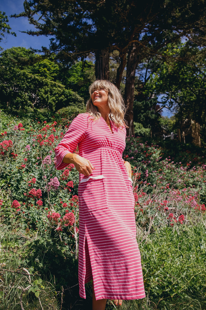 Victoria Striped Towelling Beach Dress / Cover Up | Fuchsia & White, Fuchsia Trim