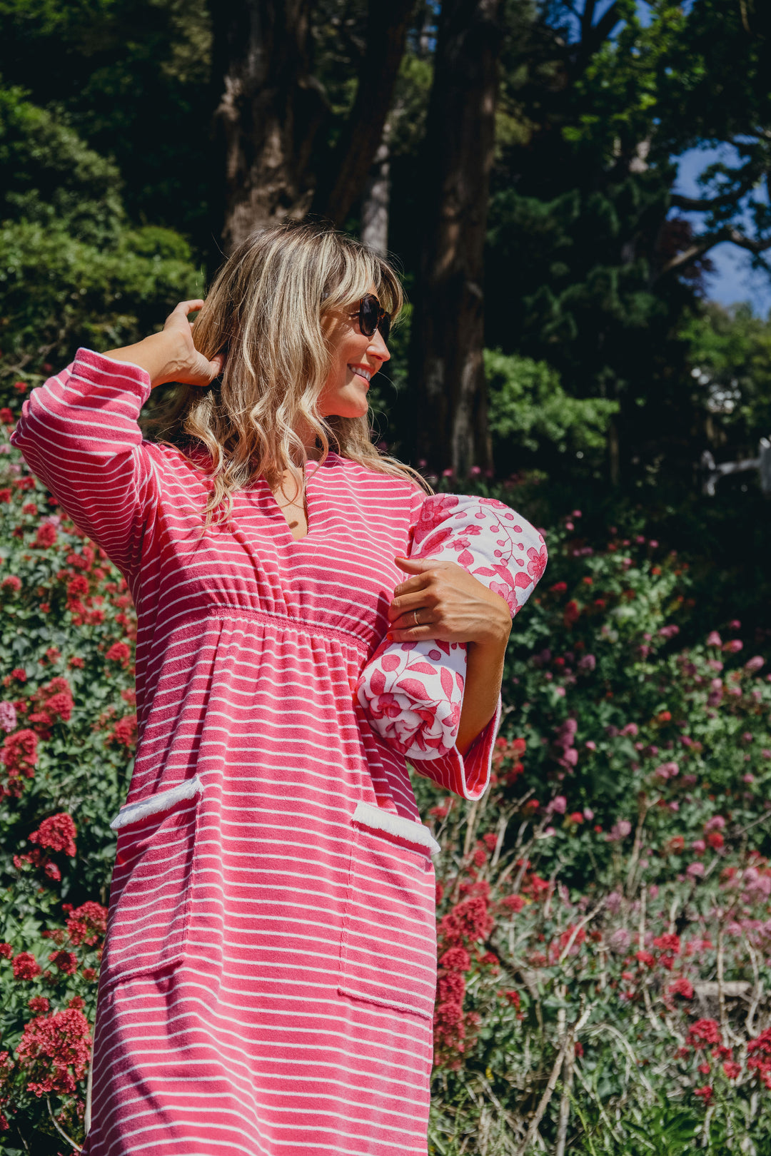 Victoria Striped Towelling Beach Dress / Cover Up | Fuchsia & White, Fuchsia Trim