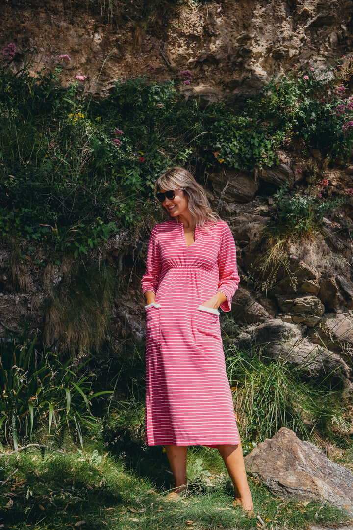 Victoria Striped Towelling Beach Dress / Cover Up | Fuchsia & White, Fuchsia Trim