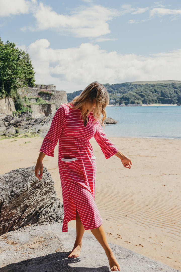 Victoria Striped Towelling Beach Dress / Cover Up | Fuchsia & White, Fuchsia Trim