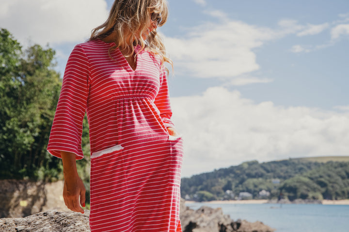 Victoria Striped Towelling Beach Dress / Cover Up | Fuchsia & White, Fuchsia Trim