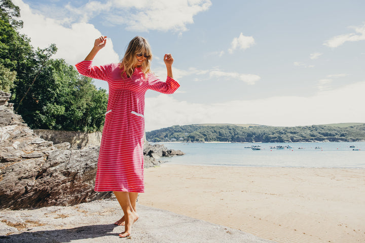 Victoria Striped Towelling Beach Dress / Cover Up | Fuchsia & White, Fuchsia Trim