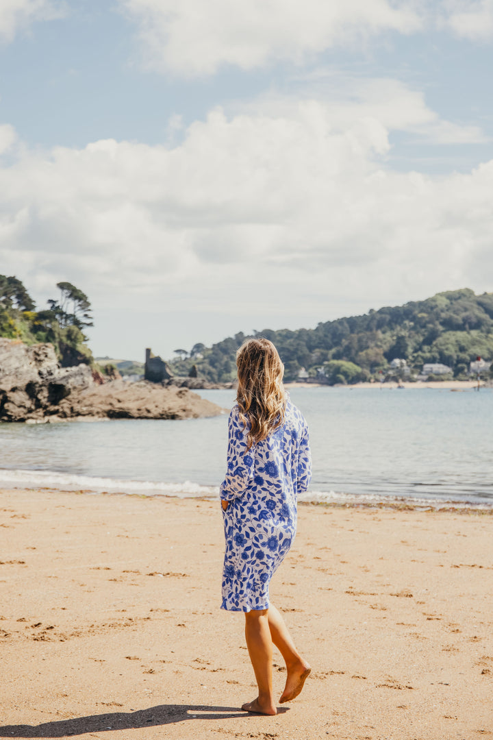 Jamie Floral Towelling Hooded Robe | Marine