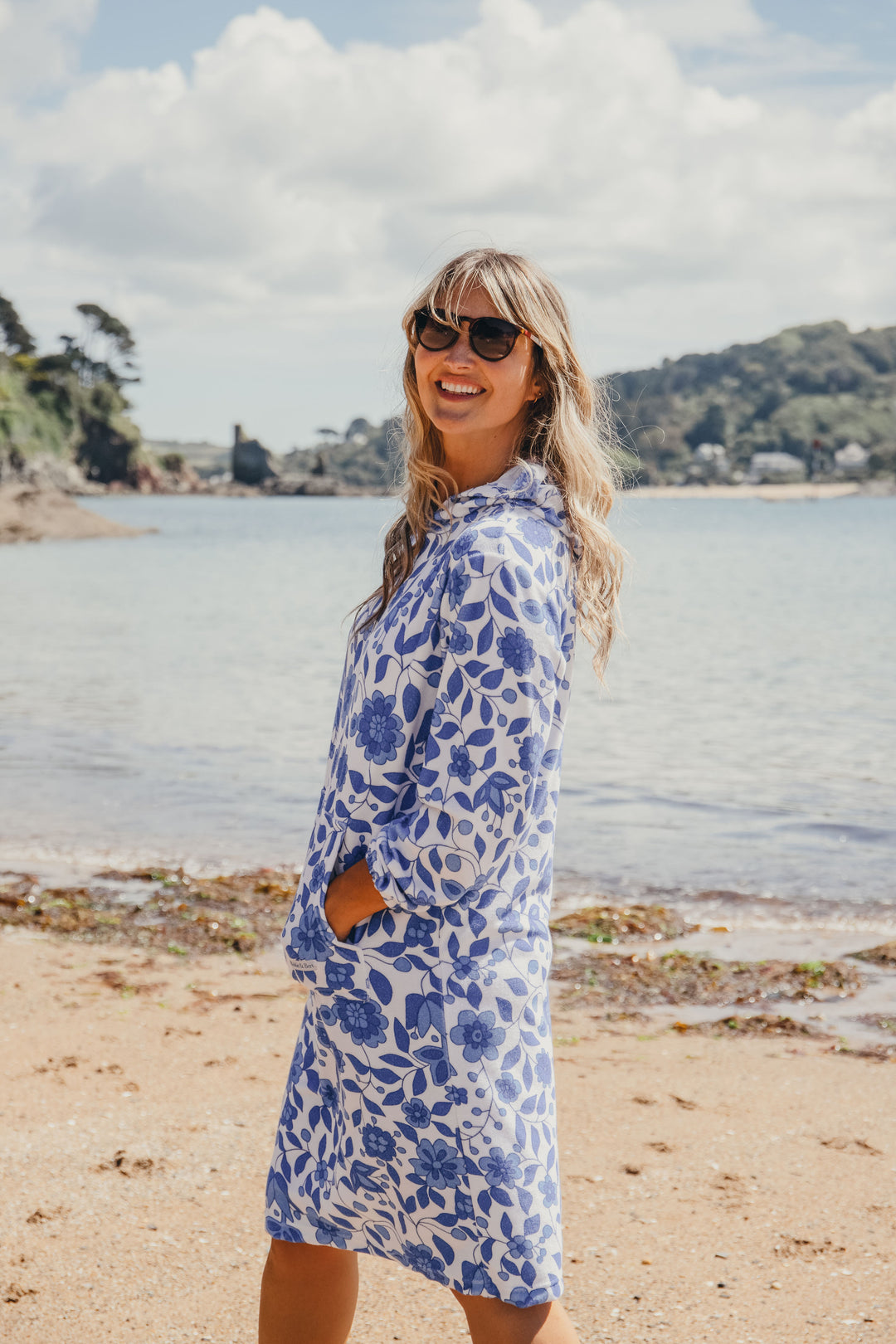 Jamie Floral Towelling Hooded Robe | Marine