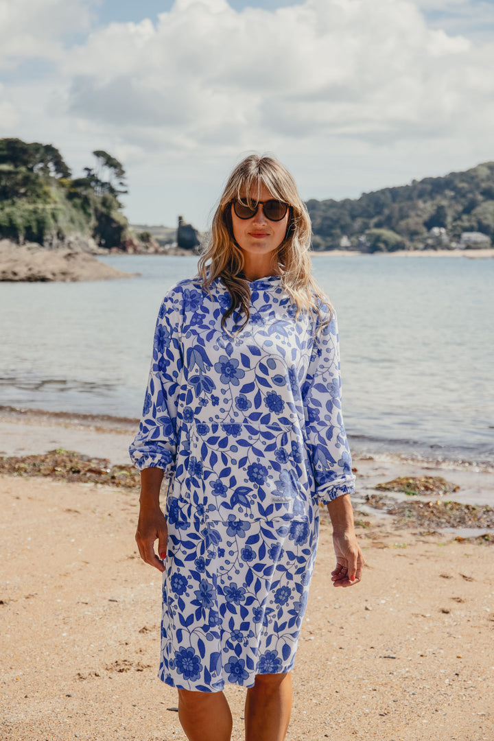 Jamie Floral Towelling Hooded Robe | Marine