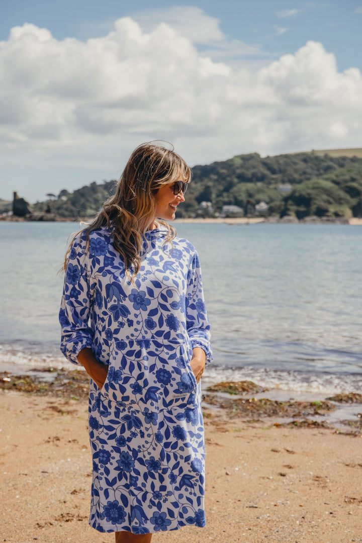 Jamie Floral Towelling Hooded Robe | Marine