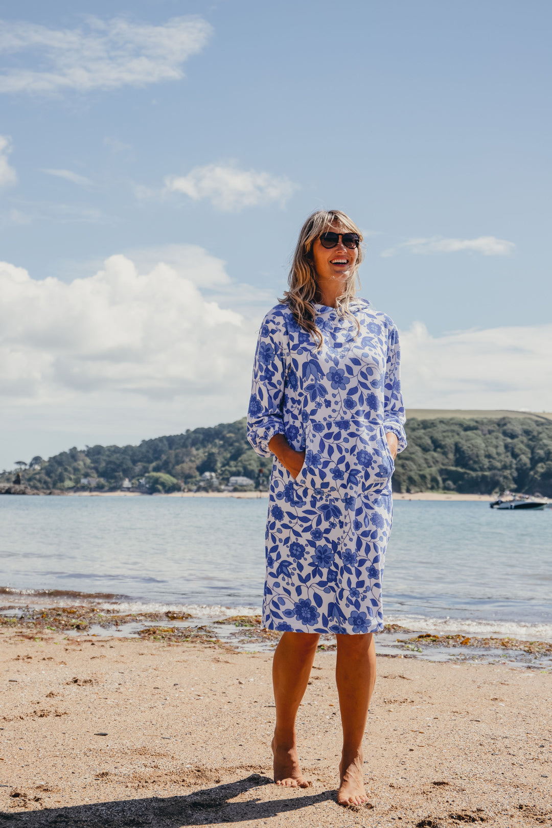 Jamie Floral Towelling Hooded Robe | Marine