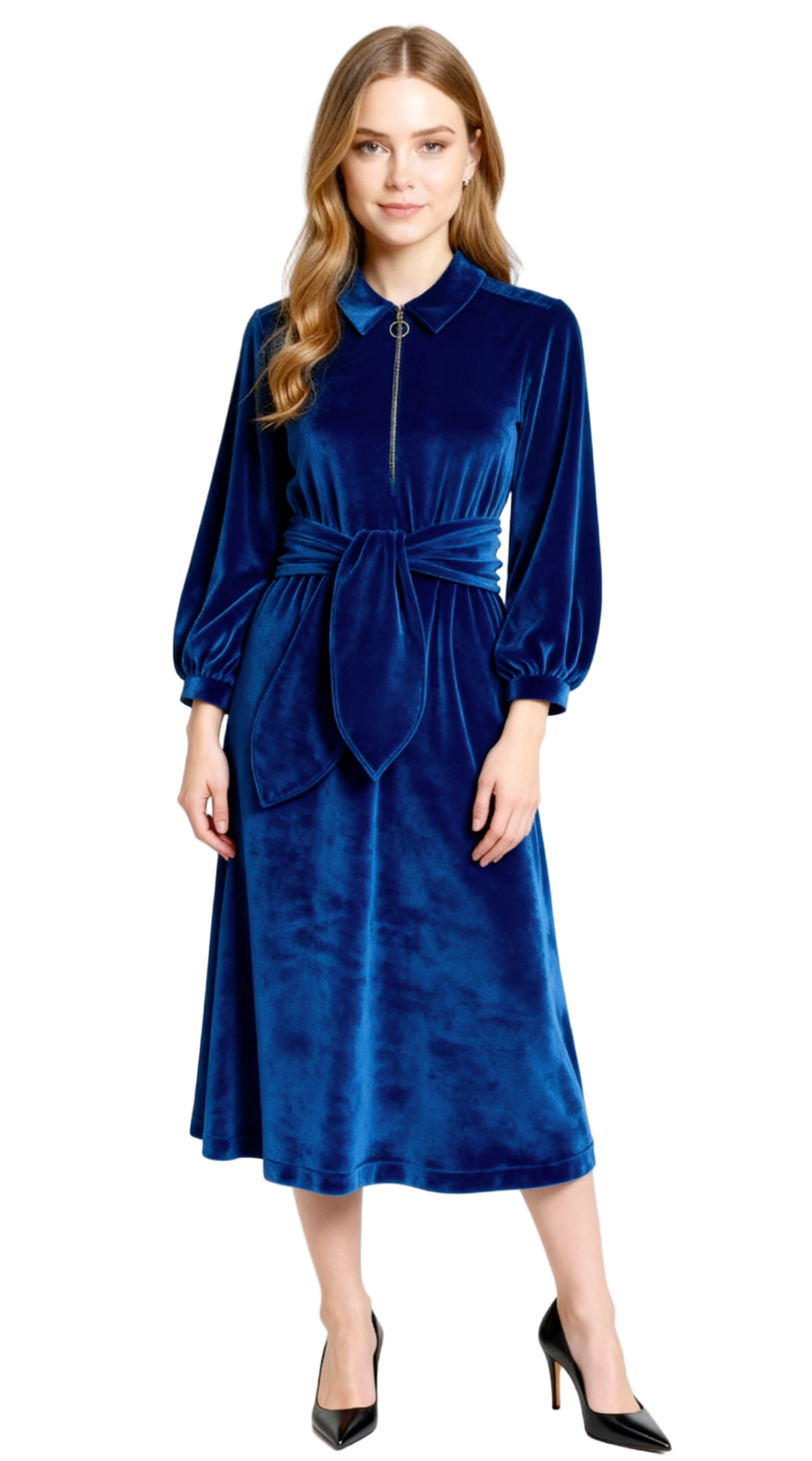 "Imogen" Stretch Velvet Midi Dress (Navy)