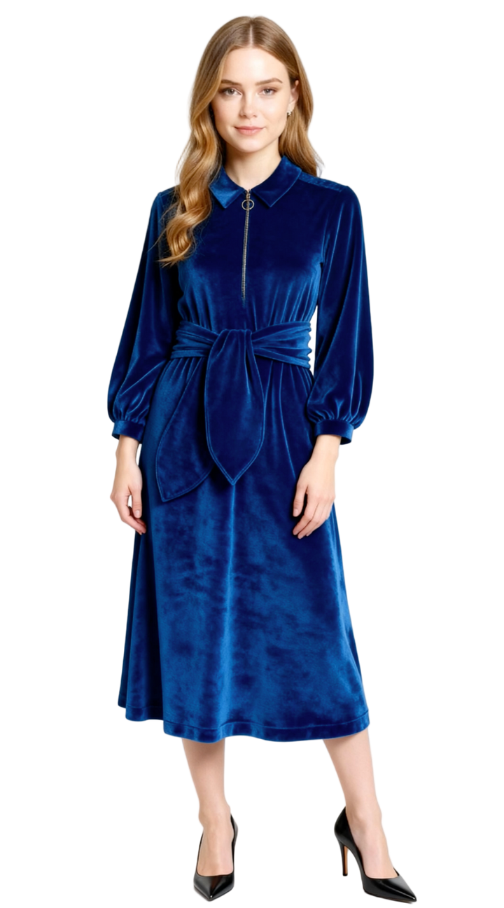 "Imogen" Stretch Velvet Midi Dress (Navy)