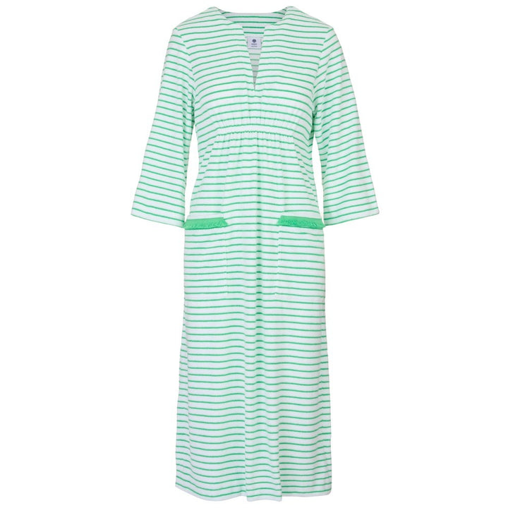Victoria Striped Towelling Beach Dress / Cover Up | White & Apple, Apple Trim