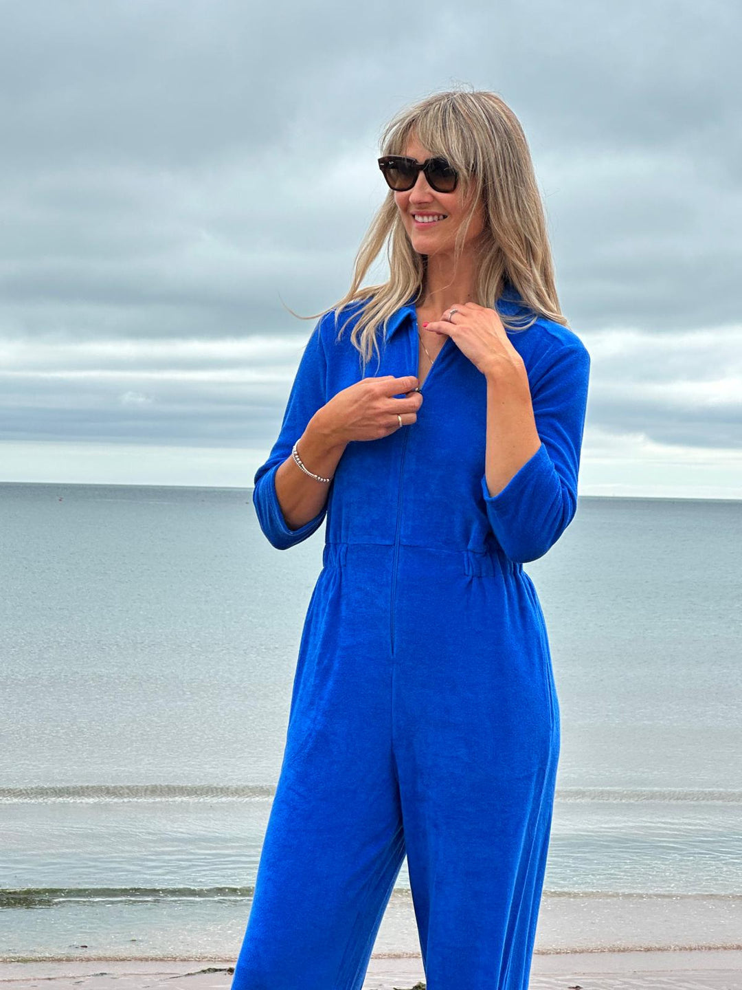 'Honor' Wide Leg Stretch Towelling Jumpsuit | Cobalt Blue