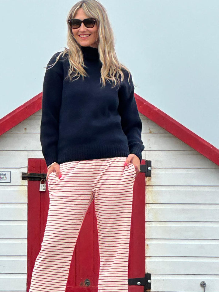 Womens Striped Towelling Wide Leg Jogging Bottoms | Strawberries & Cream