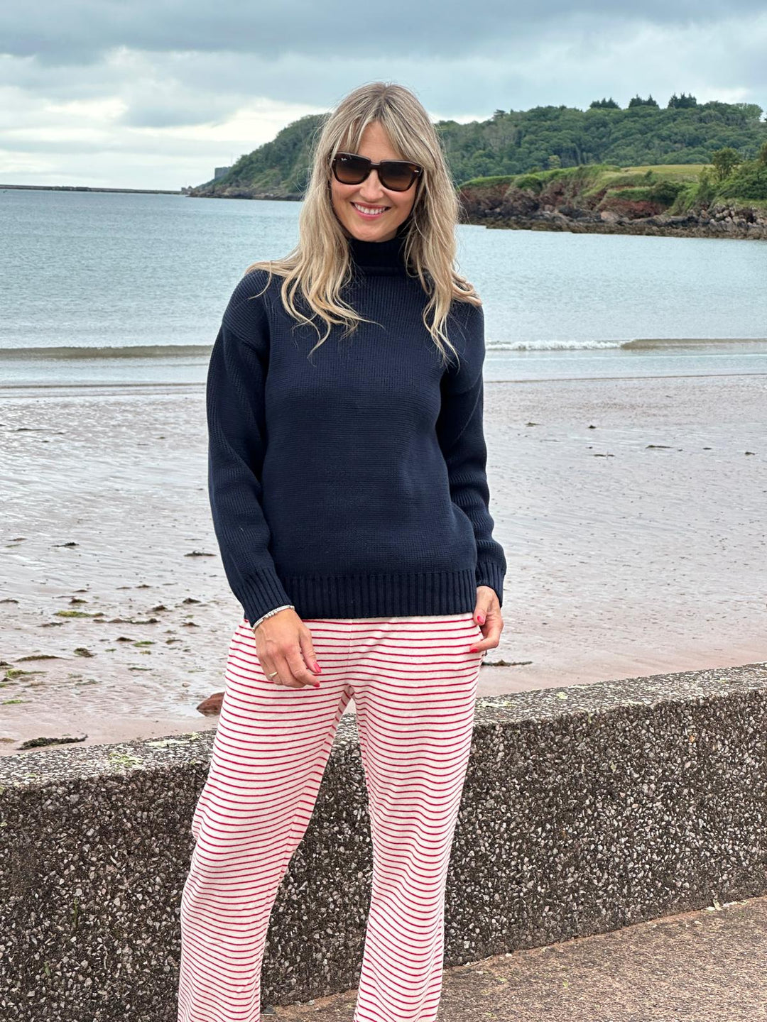 Womens Striped Towelling Wide Leg Jogging Bottoms | Strawberries & Cream
