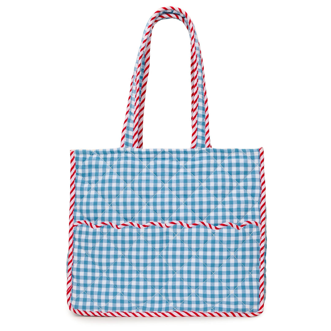 Quilted Gingham Tote Bag | Blue Gingham, Red & White Stripe Trim
