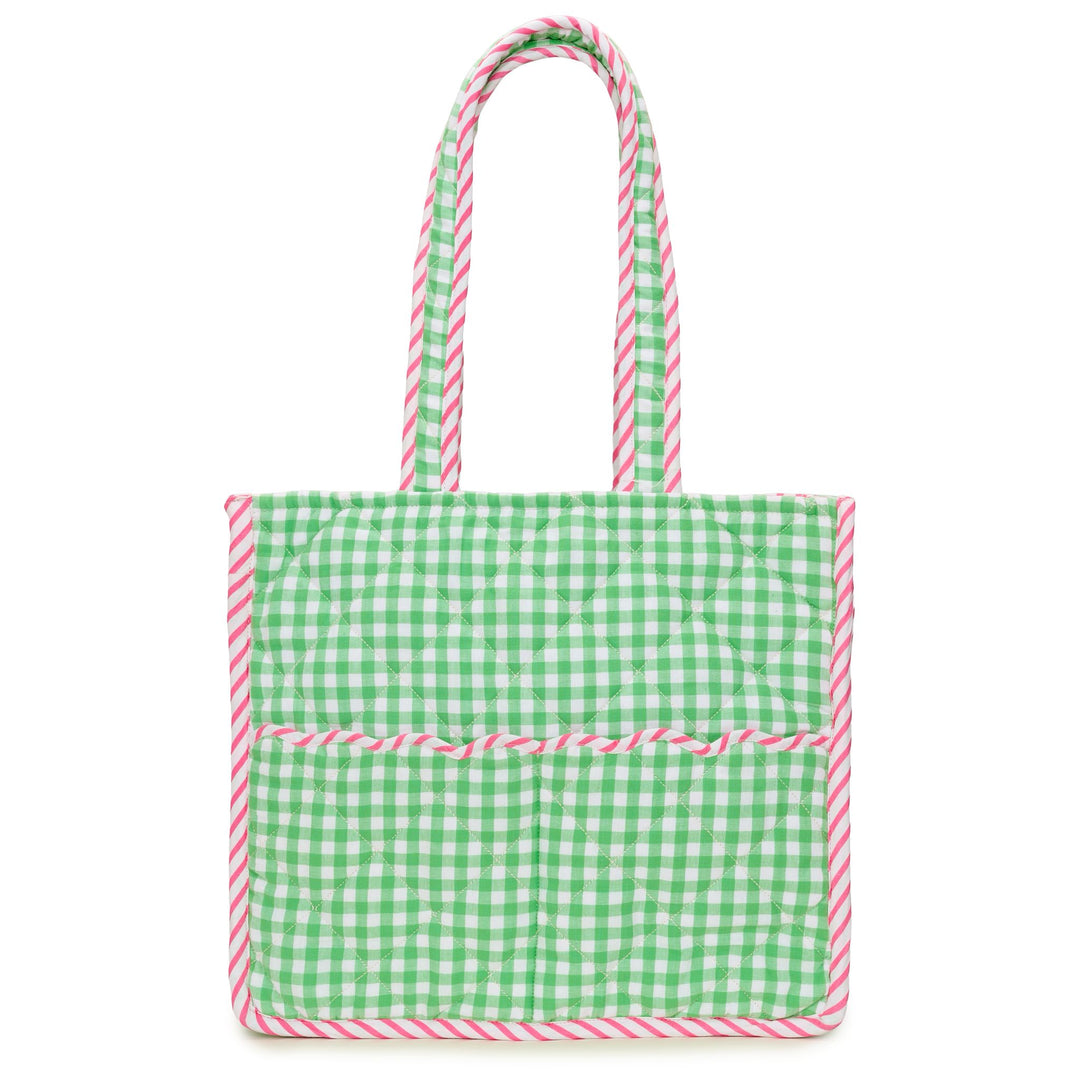 Quilted Gingham Tote Bag | Green Gingham, Red & White Stripe Trim
