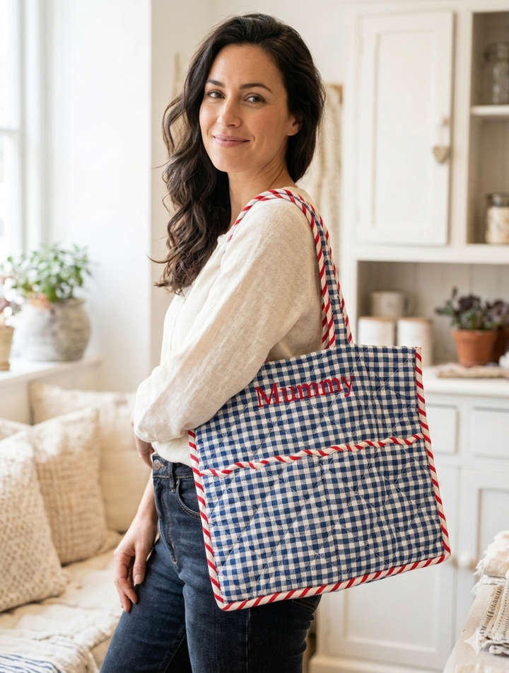 Quilted Gingham Tote Bag | Marine Blue