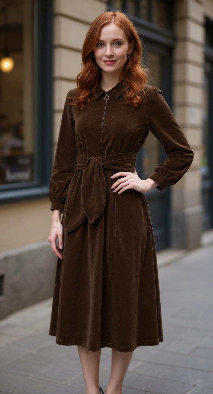 "Imogen" Stretch Velvet Midi Dress (Brown)
